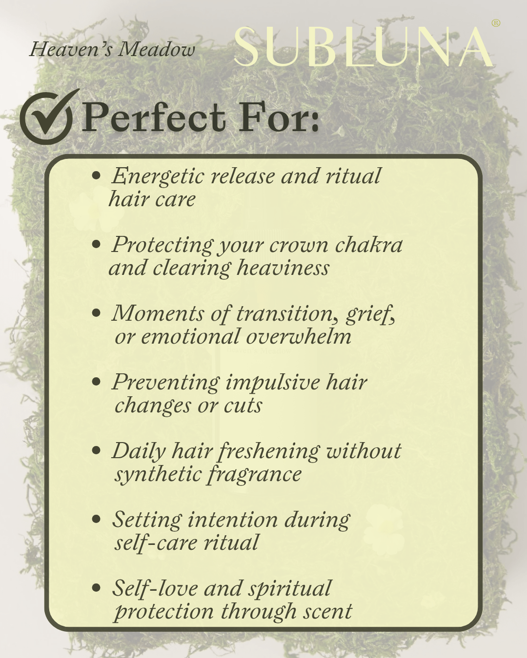 Heaven's Meadow: Tulsi + Sweetgrass Hair Perfume - SubLuna