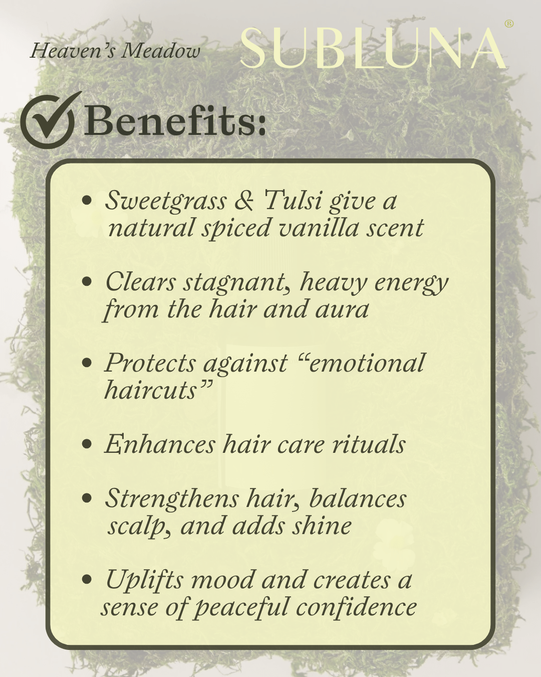 Heaven's Meadow: Tulsi + Sweetgrass Hair Perfume - SubLuna